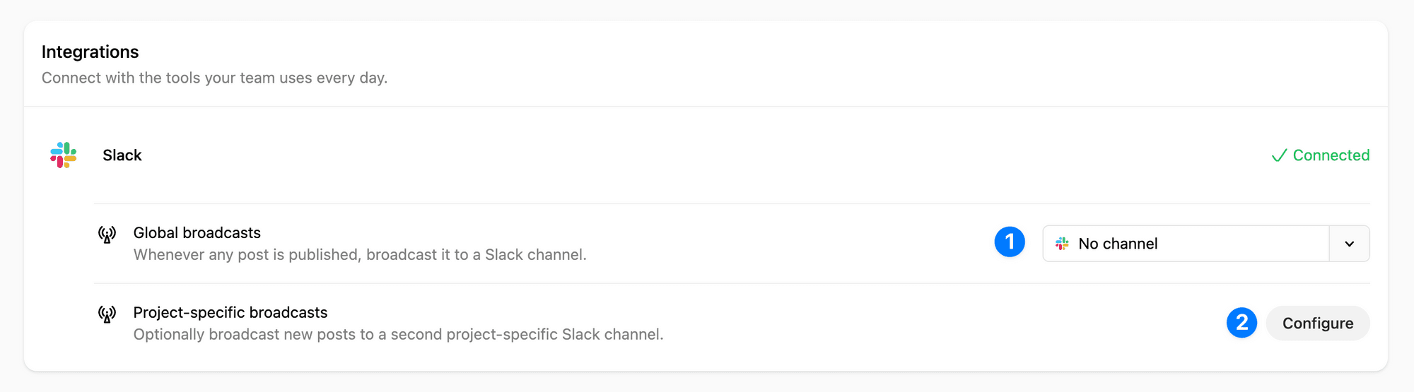 Slack broadcasts for channels