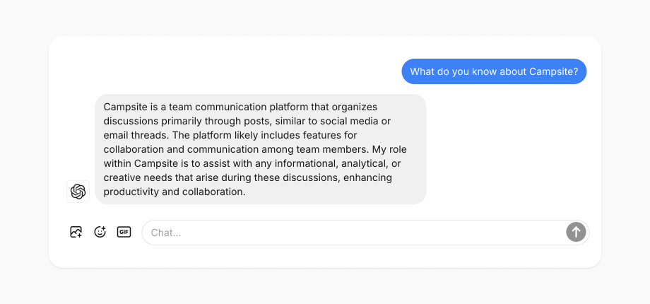 A screenshot of a message to a ChatGPT bot inside Campsite