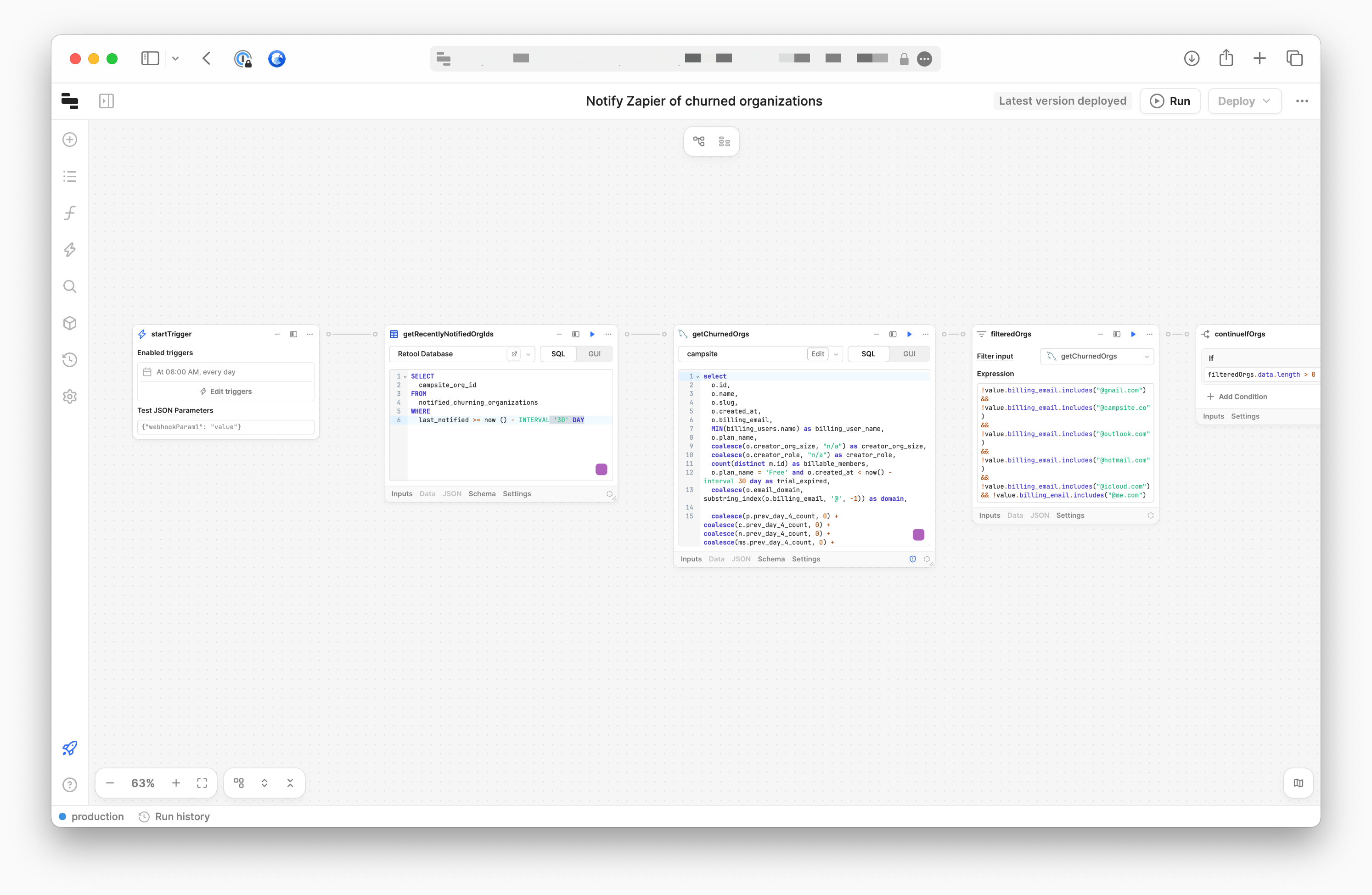 A screenshot of a Retool workflow showing how we find organizations that are about to churn