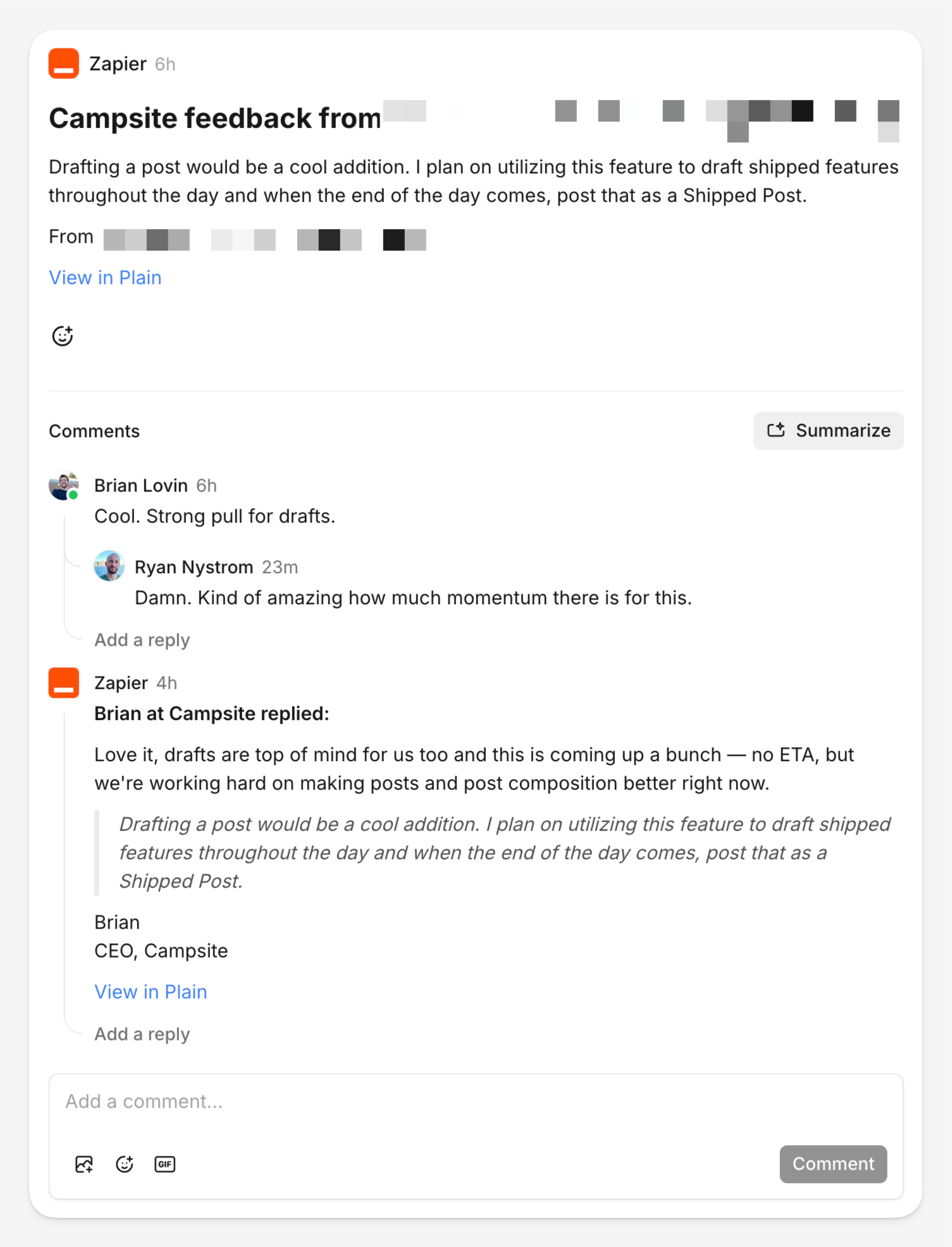 A screenshot of a Campsite post with feedback from a customer and the team having a private internal conversation